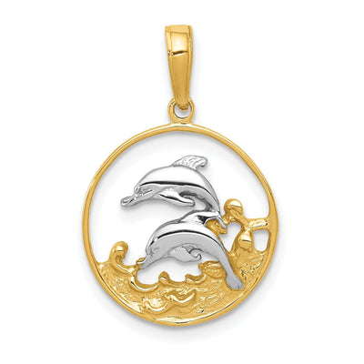 14k Yellow Gold White Rhodium Textured Polished Finish Solid Double Dolphin Swimming Circle Design Charm Pendant at $ 133.77 only from Jewelryshopping.com