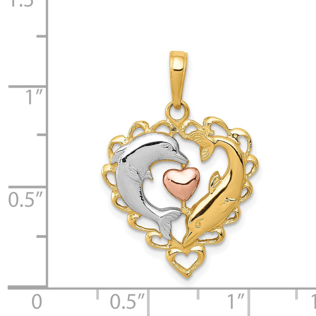 14K Yellow Gold White Rhodium Two Dolphins In Heart Shape Design Charm Pendant