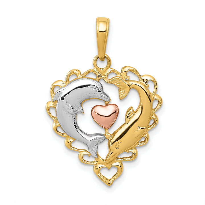 14K Yellow Gold White Rhodium Two Dolphins In Heart Shape Design Charm Pendant