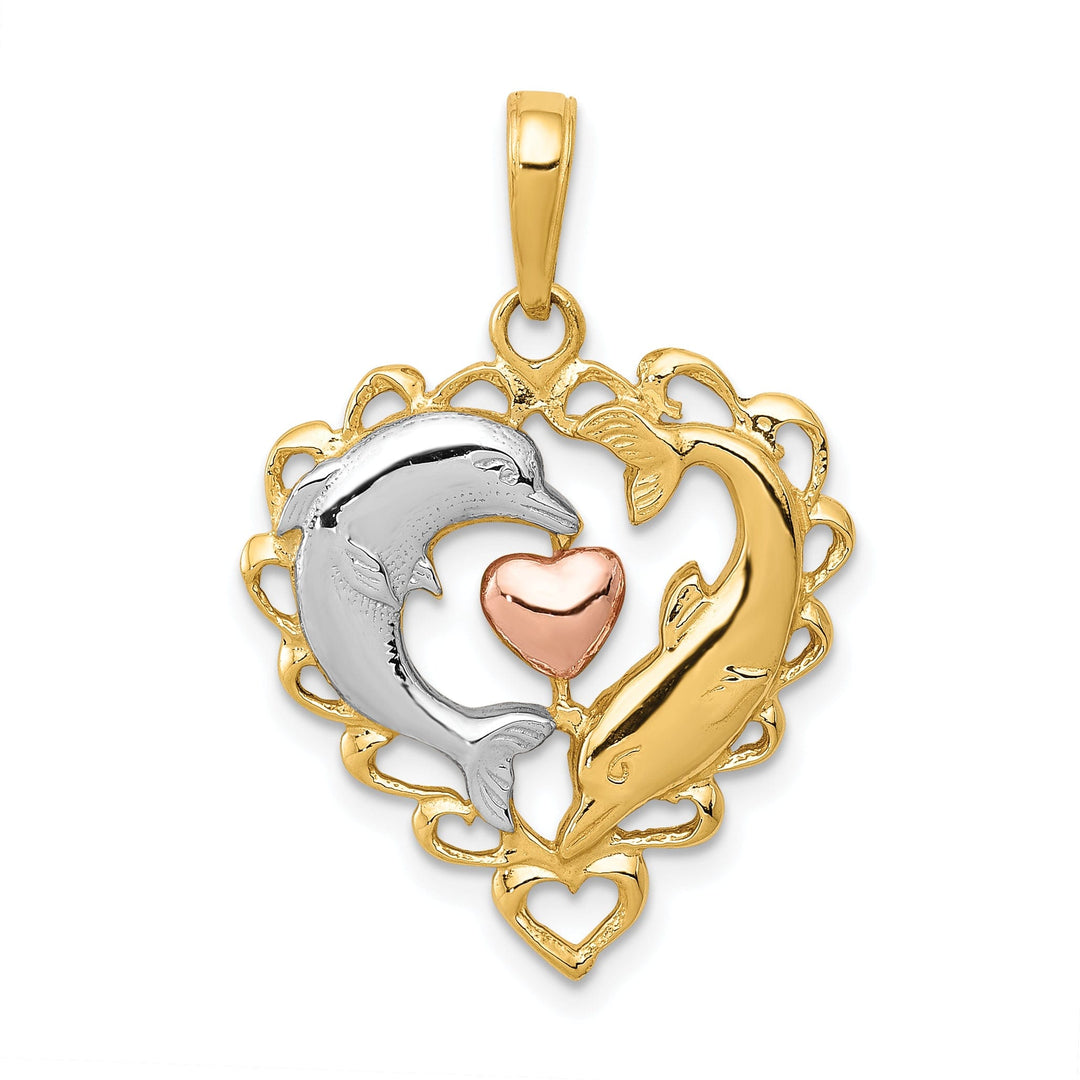 14K Yellow Gold White Rhodium Two Dolphins In Heart Shape Design Charm Pendant