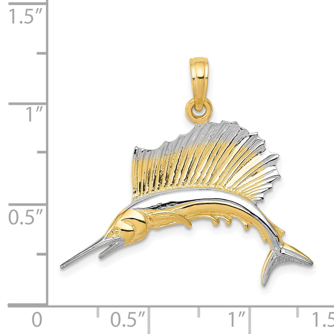 14k Yellow Gold White Rhodium Solid Polished Finish Sailfish Charm Pendant