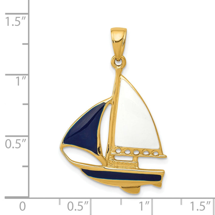 14k Yellow Gold 2-D Blue White Sailboat Pendant