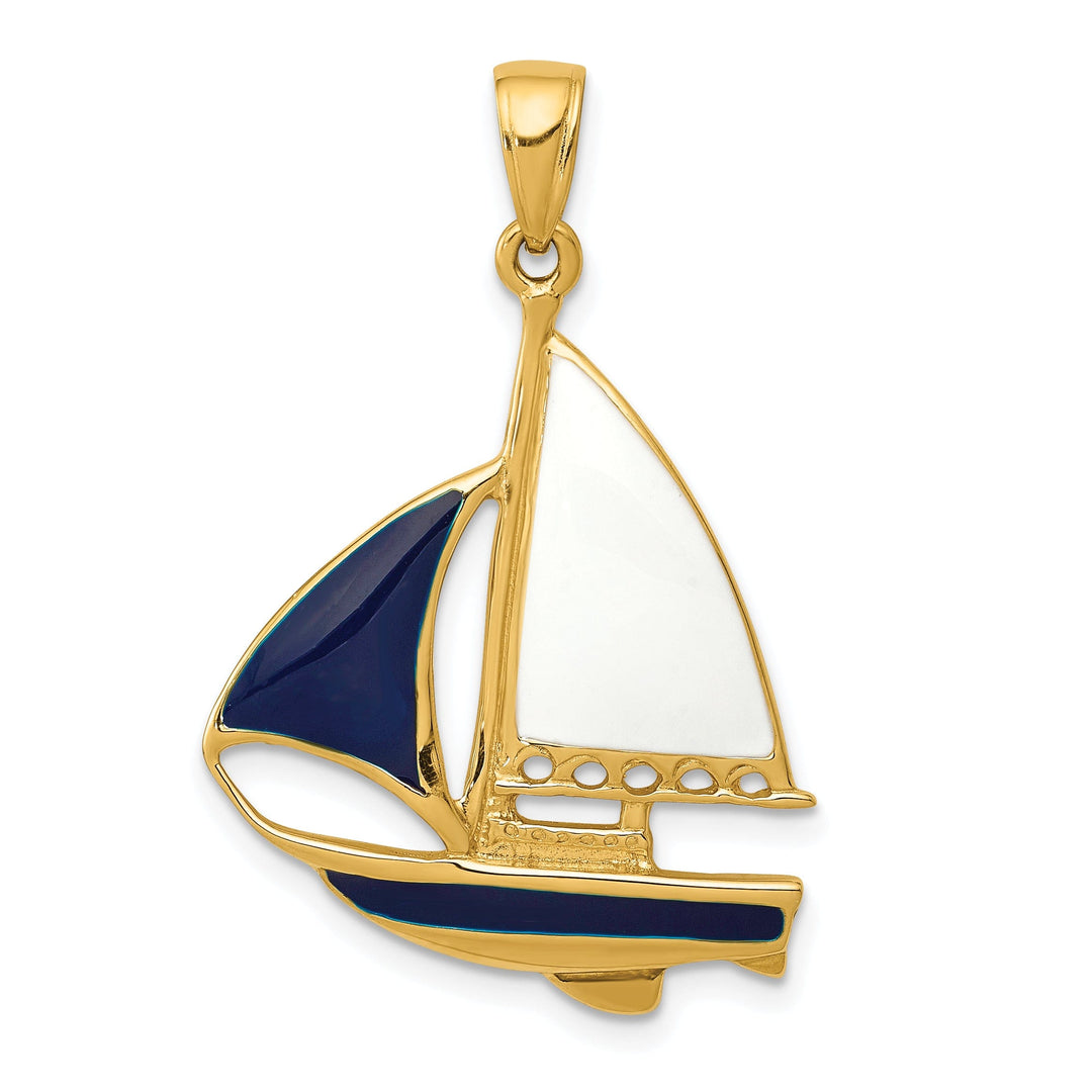 14k Yellow Gold 2-D Blue White Sailboat Pendant