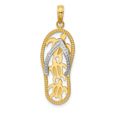 14K Two Tone Gold Solid Polished Textured Finish Triple Sea Turtle Cut Out Design Flip-Flop Beach Sandle Charm Pendant at $ 191.98 only from Jewelryshopping.com