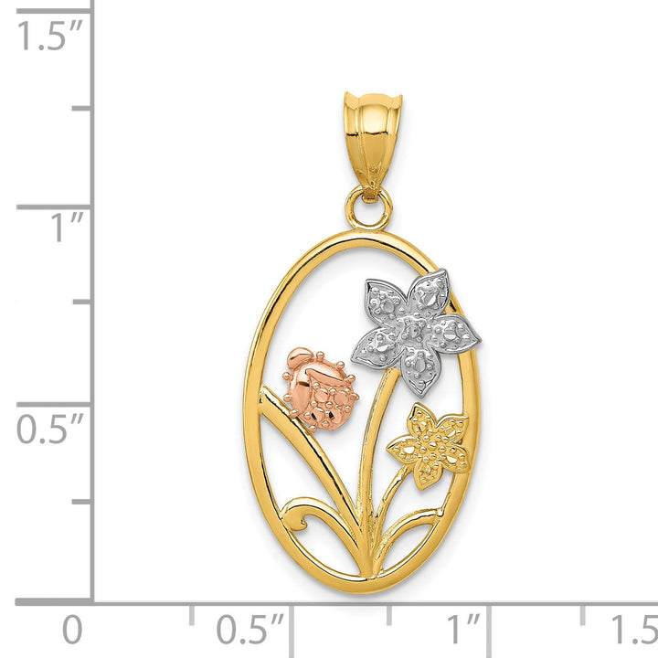 14k Two-tone Gold White Rhodium Diamond-cut Solid Textured Back Polished Finish Oval Floral Charm Pendant