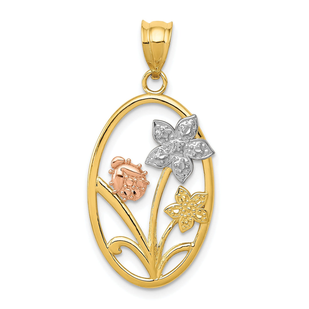 14k Two-tone Gold White Rhodium Diamond-cut Solid Textured Back Polished Finish Oval Floral Charm Pendant