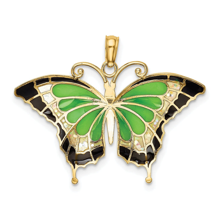 14K Yellow Gold Solid Casted Open Back Polished Finis Green Enameled Butterly Charm Pendant