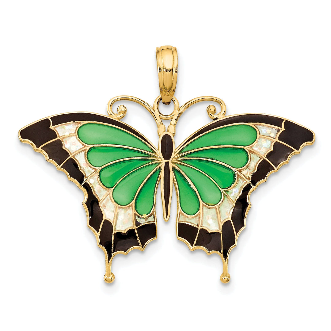 14K Yellow Gold Solid Casted Open Back Polished Finis Green Enameled Butterly Charm Pendant