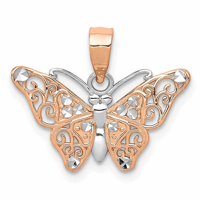 14k Rose Gold with Rhodium Casted Textured Back Solid Polished Finish Diamond-cut Butterfly Charm Pendant at $ 74.51 only from Jewelryshopping.com