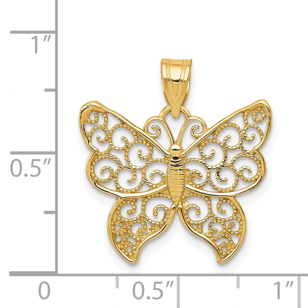 14k Yellow Gold Open Back Solid Filigree Polished Finish Butterfly Charm Pendant