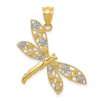 14k Yellow Gold White Rhodium Solid Open Back Polished Finish Filigree Design Dragonfly Charm Pendant at $ 114.89 only from Jewelryshopping.com