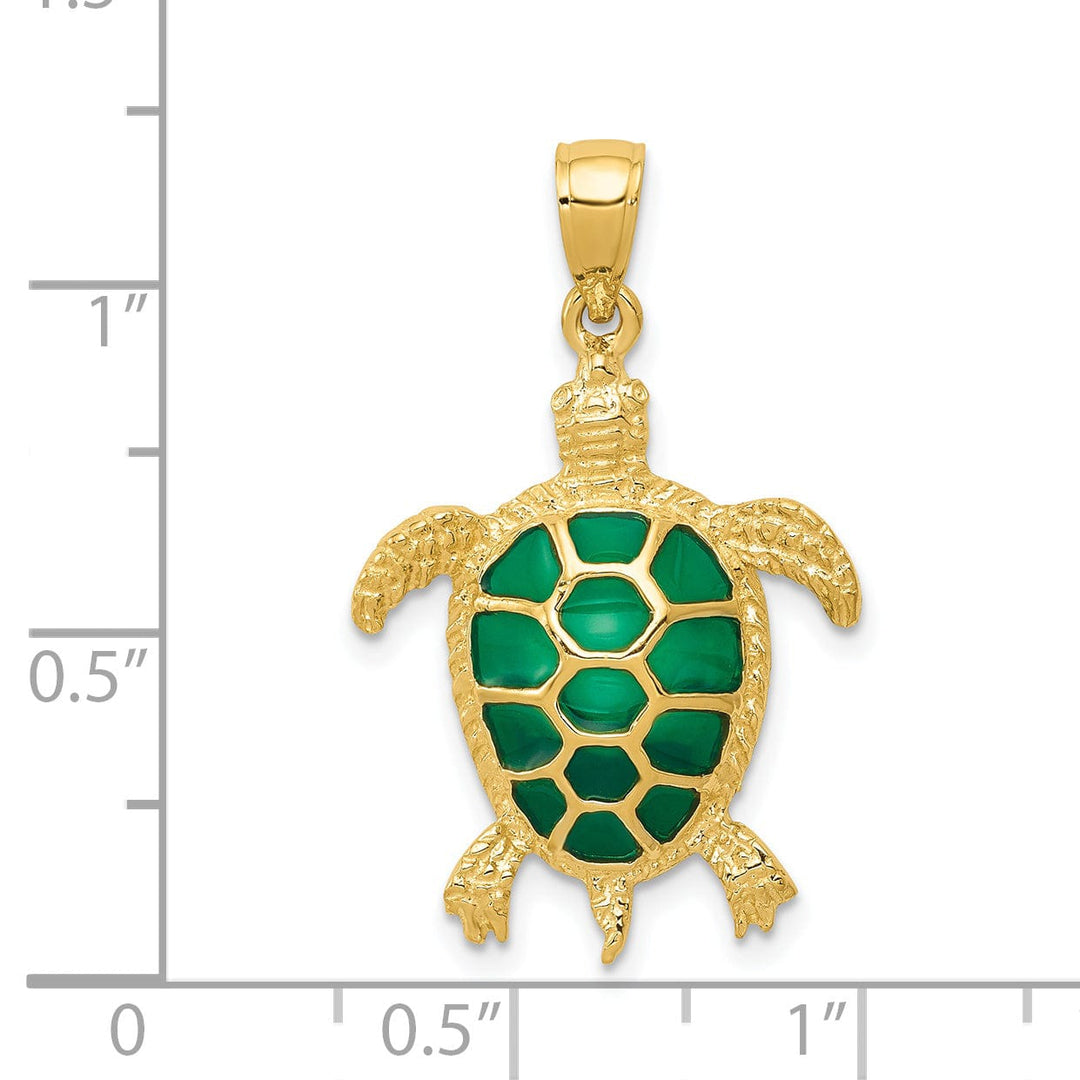 14K Yellow Gold Casted Solid Polished and Textured Finish Green Enameled Sea Turtle Charm Pendant