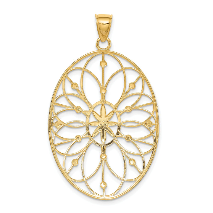 14K Yellow Gold, White Rhodium Polished Finish Filigree Floral Medallion Oval Shape Pendant