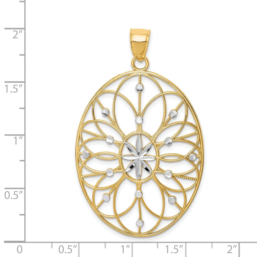 14K Yellow Gold, White Rhodium Polished Finish Filigree Floral Medallion Oval Shape Pendant