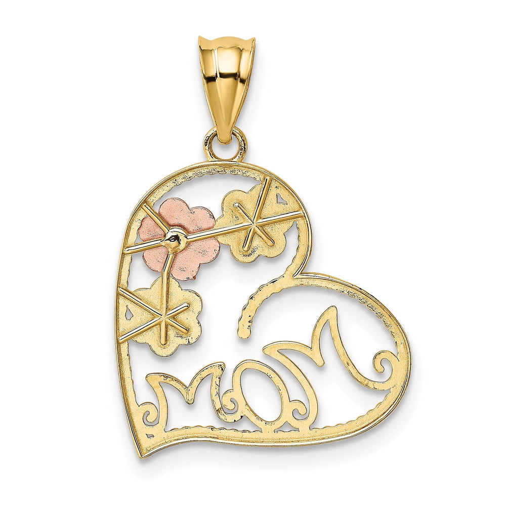 14k Tri-color Gold Solid Textured Polished Finish MOM & Flowers Heart Design Charm Pendant