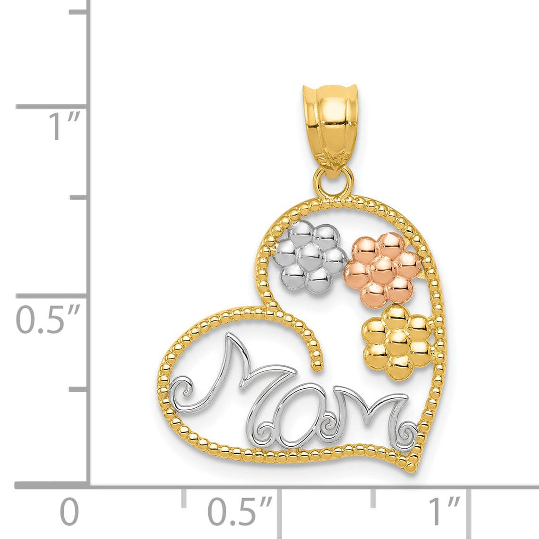 14k Tri-color Gold Solid Textured Polished Finish MOM & Flowers Heart Design Charm Pendant