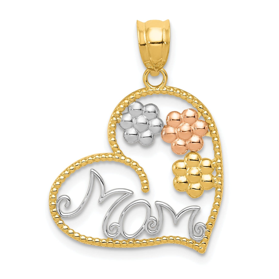 14k Tri-color Gold Solid Textured Polished Finish MOM & Flowers Heart Design Charm Pendant