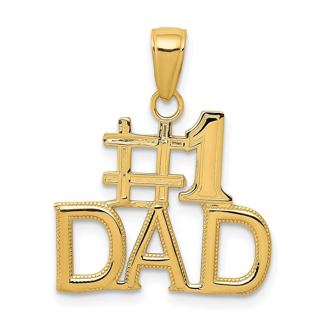 14k Yellow Gold Polished Beaded Textured Finish Script #1 DAD Charm Pendant