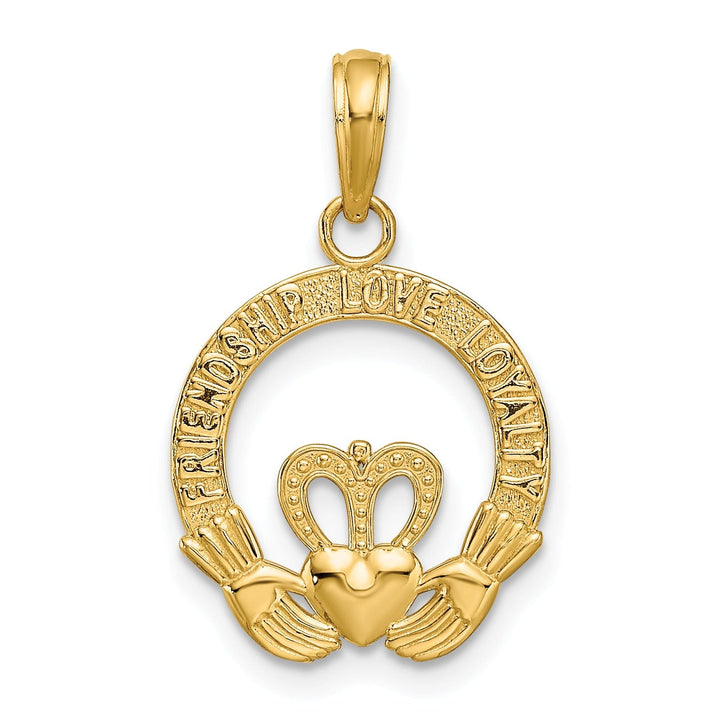 14k Yellow Gold Textured Satin Diamond Cut Flat-Backed Engraved Friendship Love Loyalty Claddagh Design Charm Pendant