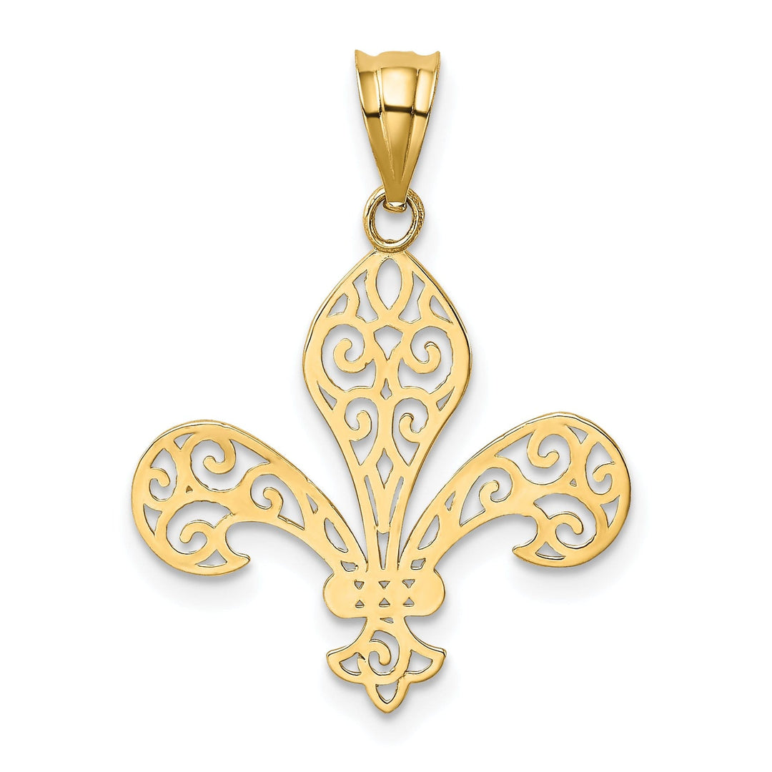 14k Yellow Gold Open Back Polished Finish Solid Mens Filigree Fleur de Lis Design Charm Pendant