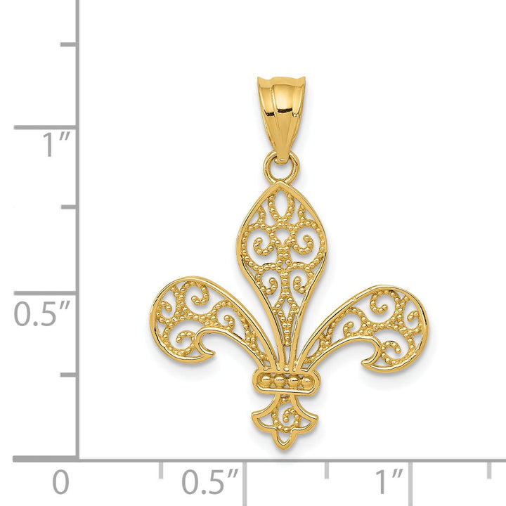 14k Yellow Gold Open Back Polished Finish Solid Mens Filigree Fleur de Lis Design Charm Pendant