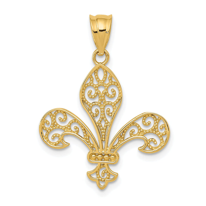 14k Yellow Gold Open Back Polished Finish Solid Mens Filigree Fleur de Lis Design Charm Pendant