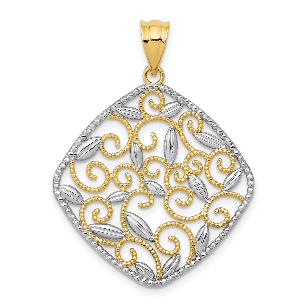 14K Yellow Gold Rhodium Solid D.C Polished Finish Filigree Swirl Beaded Design Pendant