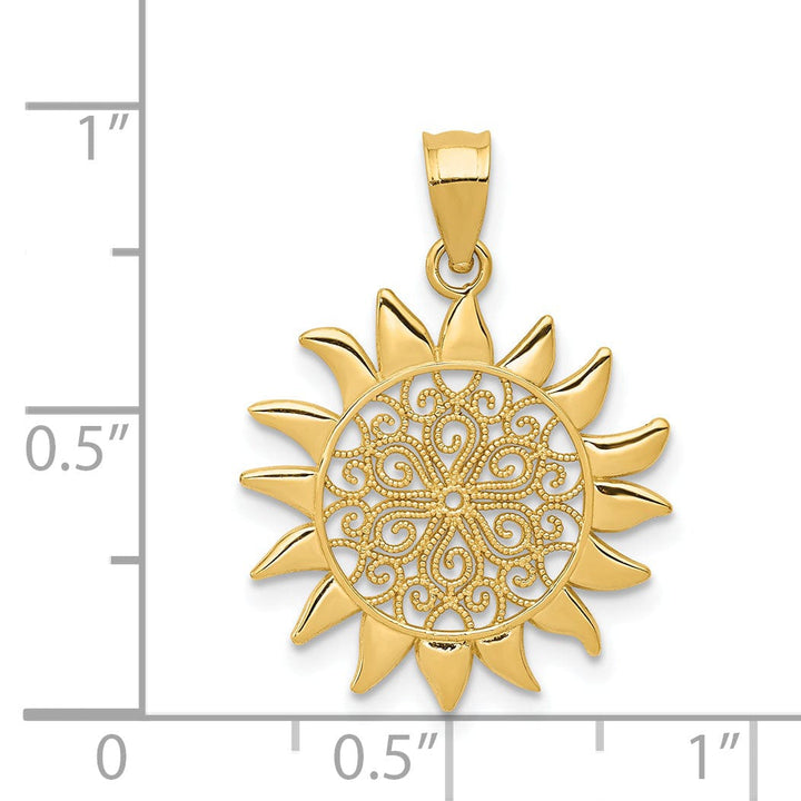 14k Yellow Gold Solid Textured Polished Finish Filigree Sun Design Charm Pendant