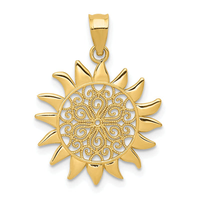 14k Yellow Gold Solid Textured Polished Finish Filigree Sun Design Charm Pendant at $ 111.78 only from Jewelryshopping.com