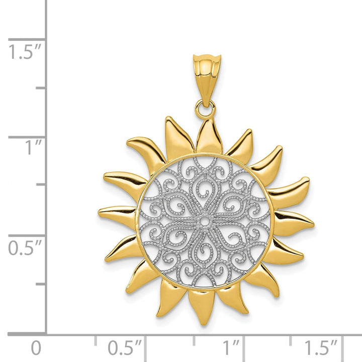 14k Yellow Gold White Rhodium Solid Textured Polished Finish Sun Design Filigree Charm Pendant