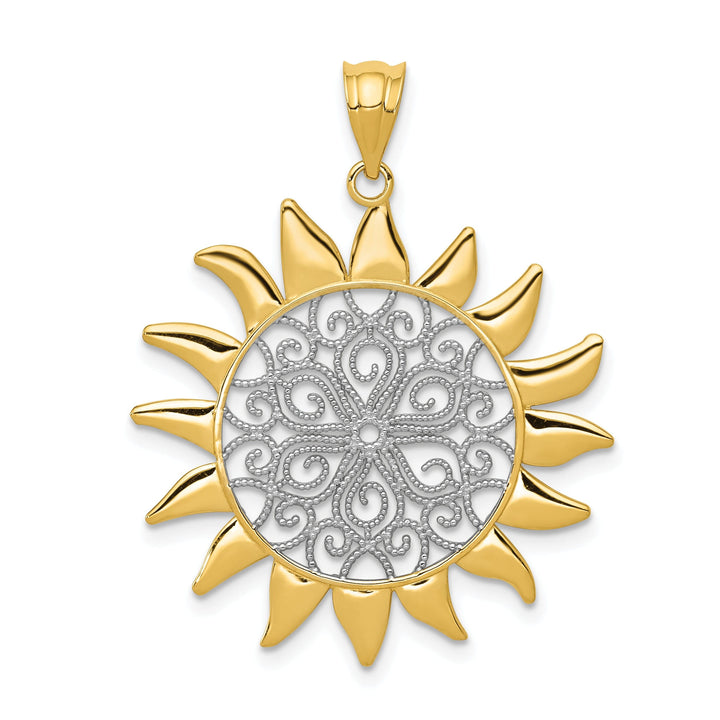 14k Yellow Gold White Rhodium Solid Textured Polished Finish Sun Design Filigree Charm Pendant