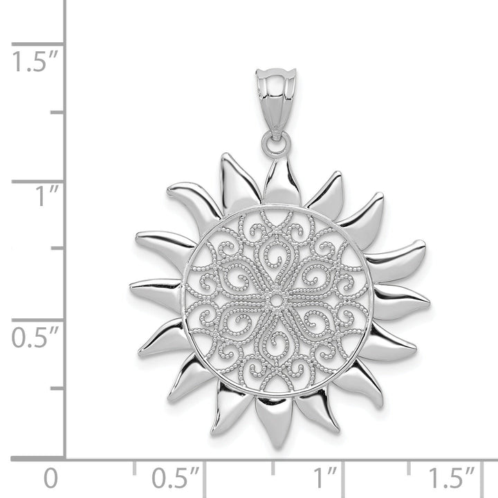 14k White Gold Rhodium Solid Textured Polished Finish Sun Design Filigree Charm Pendant