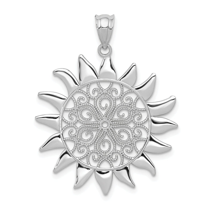 14k White Gold Rhodium Solid Textured Polished Finish Sun Design Filigree Charm Pendant