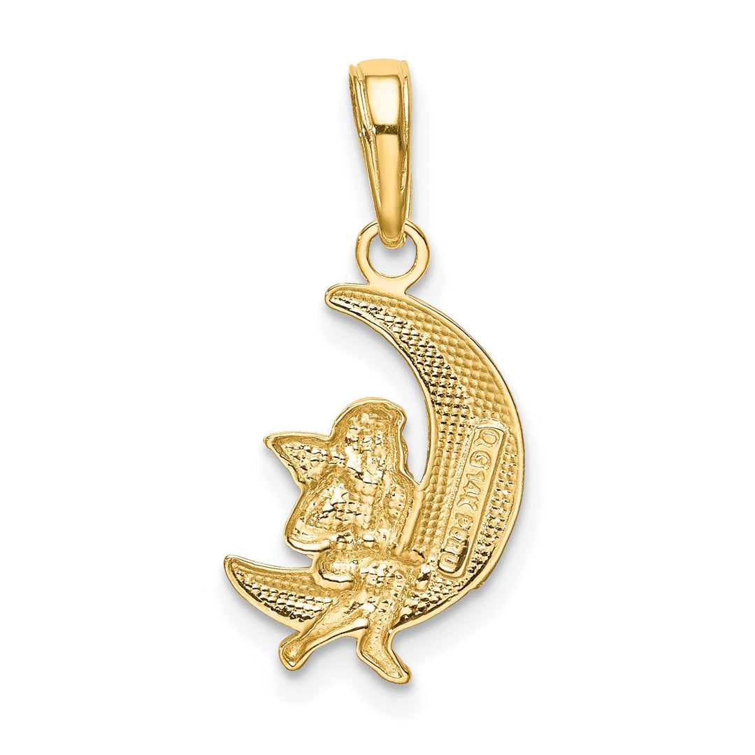 14k Yellow Gold White Rhodium Solid Textured Polished Finish Angel Sitting on the Moon Charm Pendant