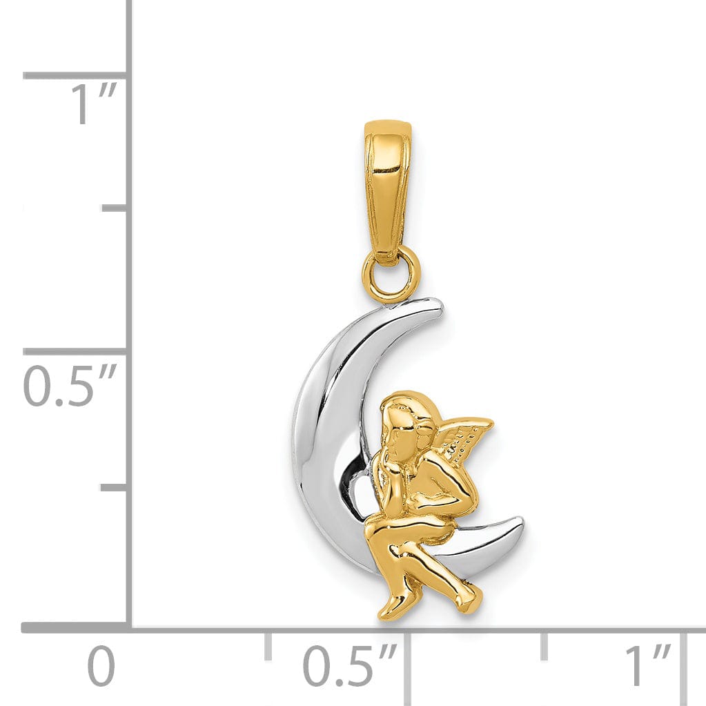 14k Yellow Gold White Rhodium Solid Textured Polished Finish Angel Sitting on the Moon Charm Pendant