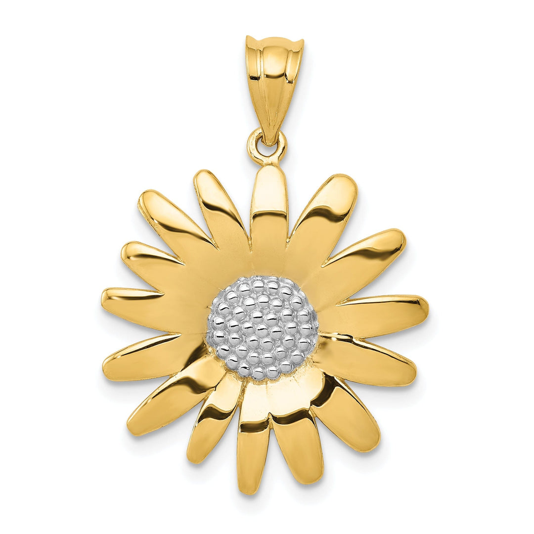14k Two-tone Gold Solid Textured Back Casted Polished Finish Sunflower Charm Pendant