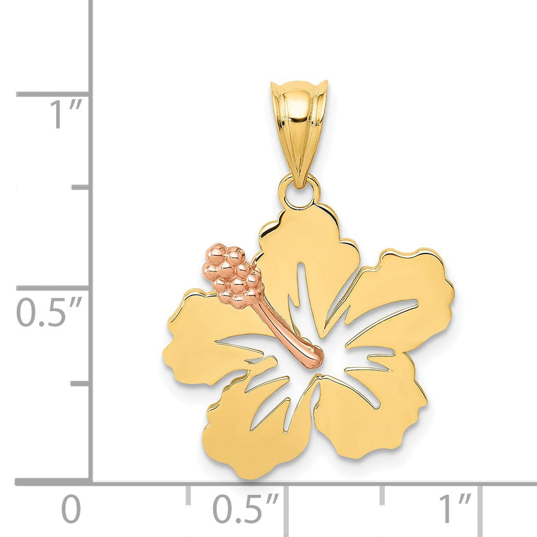 14k Two-tone Gold Casted Solid Textured Back Polished Finish Hibiscus Flower Charm Pendant