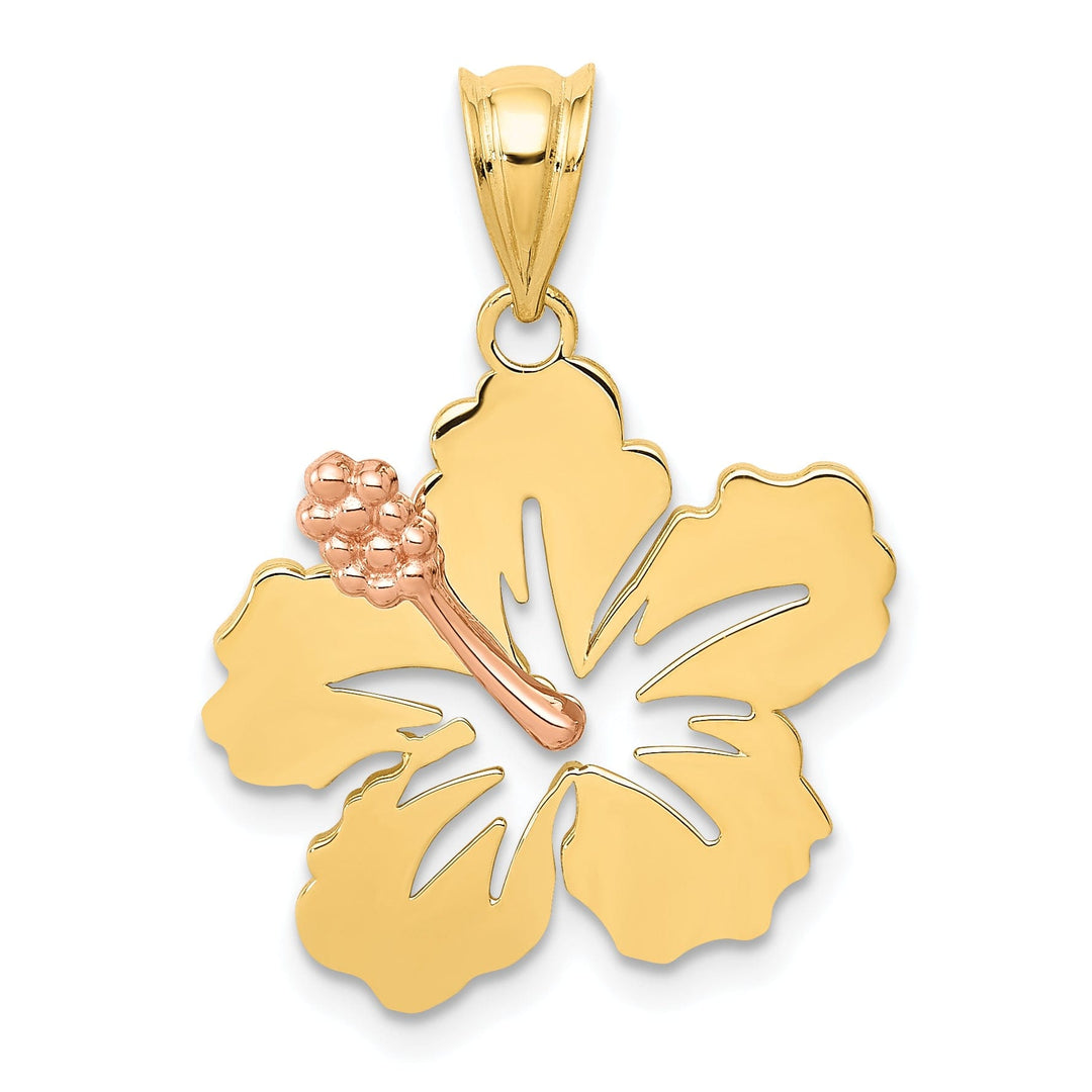 14k Two-tone Gold Casted Solid Textured Back Polished Finish Hibiscus Flower Charm Pendant