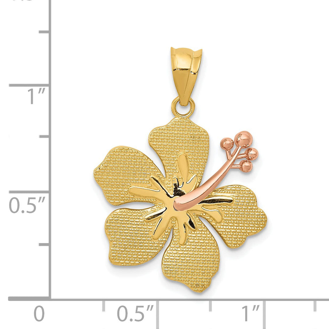 14k Two-tone Gold Solid Casted Textured Back Polished Finish Hibiscus Charm Pendant