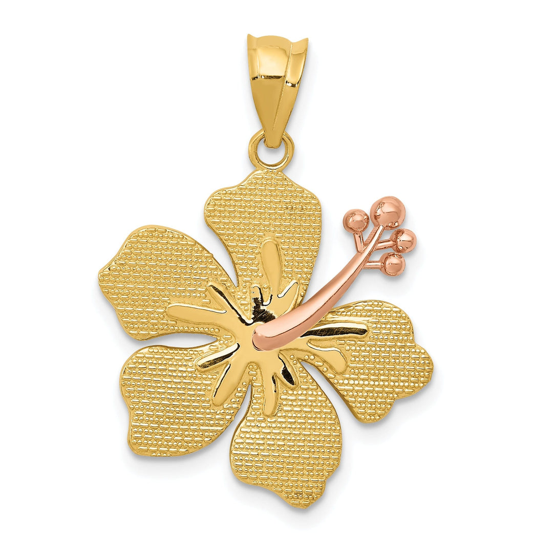 14k Two-tone Gold Solid Casted Textured Back Polished Finish Hibiscus Charm Pendant