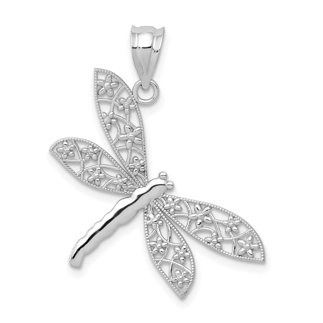 14k White Gold Solid Open Back Solid Polished Diamond Cut Finish Flower Wing Dragonfly Design Charm Pendant