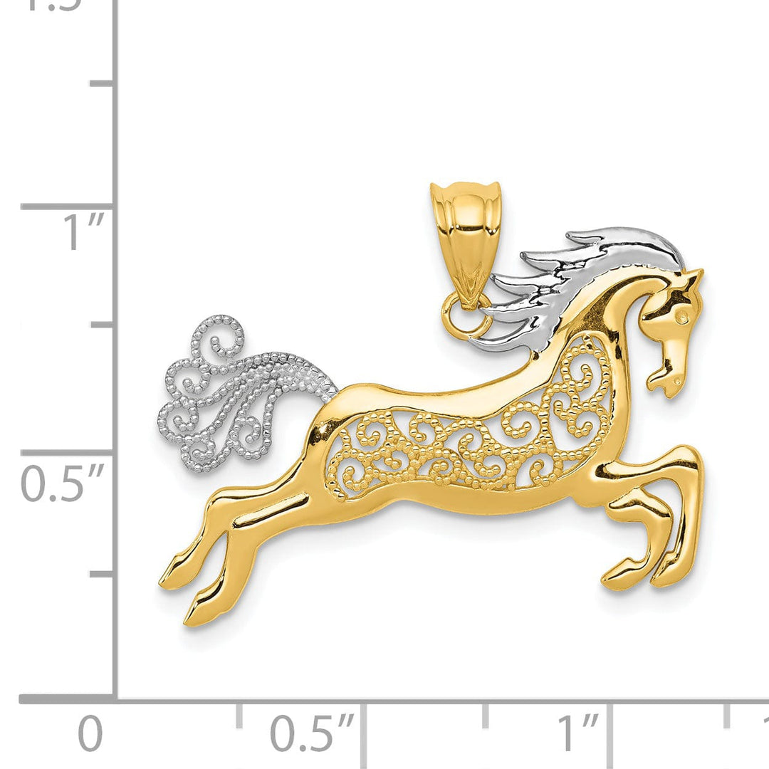 14k Yellow Gold White Rhodium Open Back Solid Polished Finish Galloping Horse Filigree Design Mens Charm Pendant