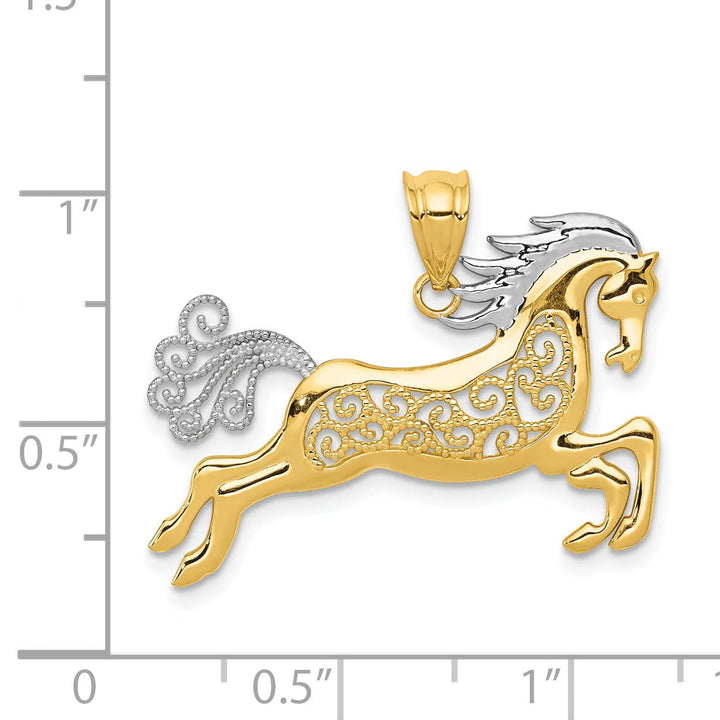 14k Yellow Gold White Rhodium Open Back Solid Polished Finish Galloping Horse Filigree Design Mens Charm Pendant