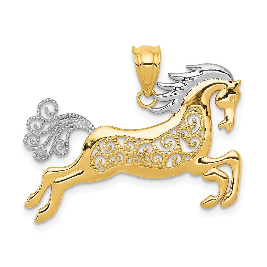 14k Yellow Gold White Rhodium Open Back Solid Polished Finish Galloping Horse Filigree Design Mens Charm Pendant