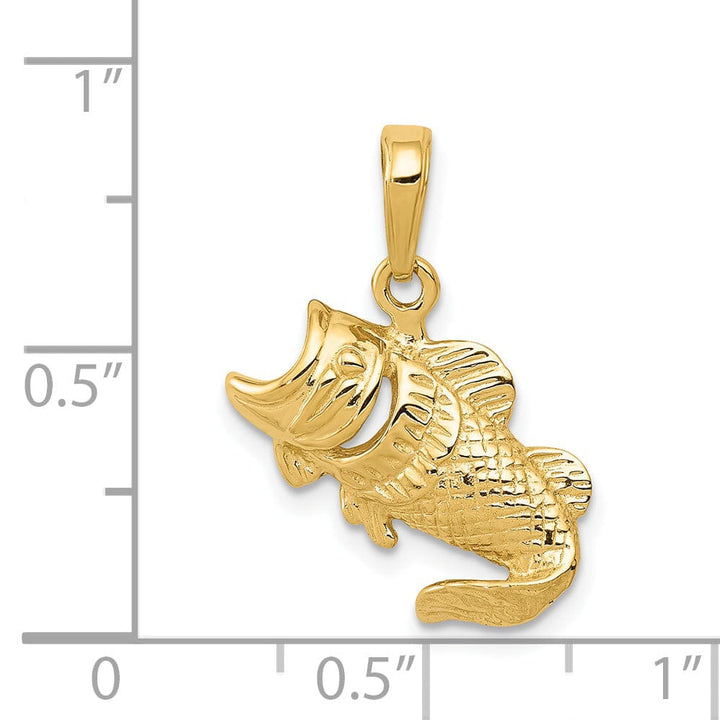 14k Yellow Gold Solid Textured Polished Finish Small Size Open Mouthed Bass Fish Charm Pendant