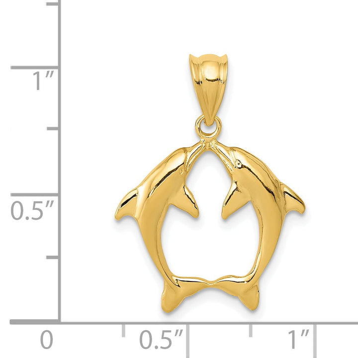 14k Yellow Gold Solid Polished Finish Two Dolphins Kissing Design Charm Pendant