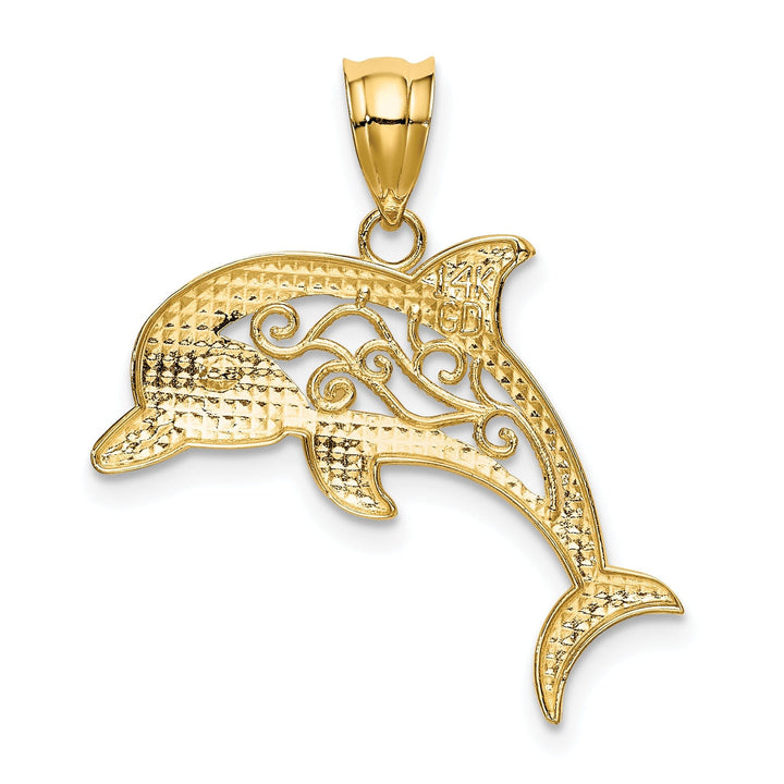 14k Yellow Gold Filigree Casted Solid Polished Finish Dolphin Charm Pendant
