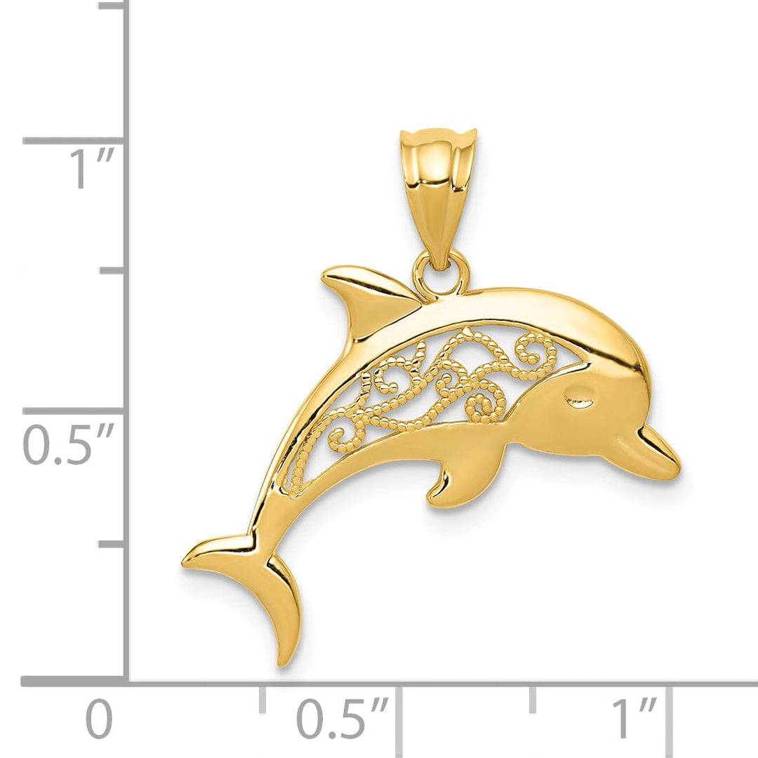 14k Yellow Gold Filigree Casted Solid Polished Finish Dolphin Charm Pendant