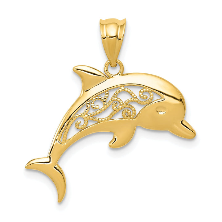 14k Yellow Gold Filigree Casted Solid Polished Finish Dolphin Charm Pendant