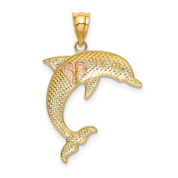 14k Two-tone Casted Solid Polished and Brushed Finish Dolphin with Heart Charm Pendant
